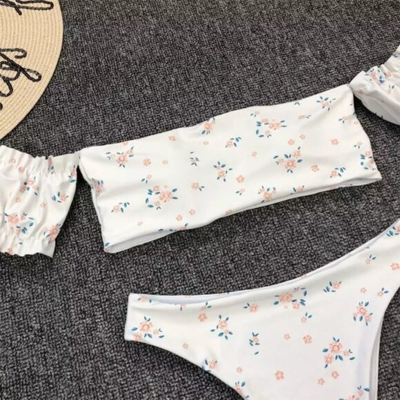 Ivory Boho Off Shoulder Bandeau High Waist Bikini Swimsuit - Picture 5 of 7